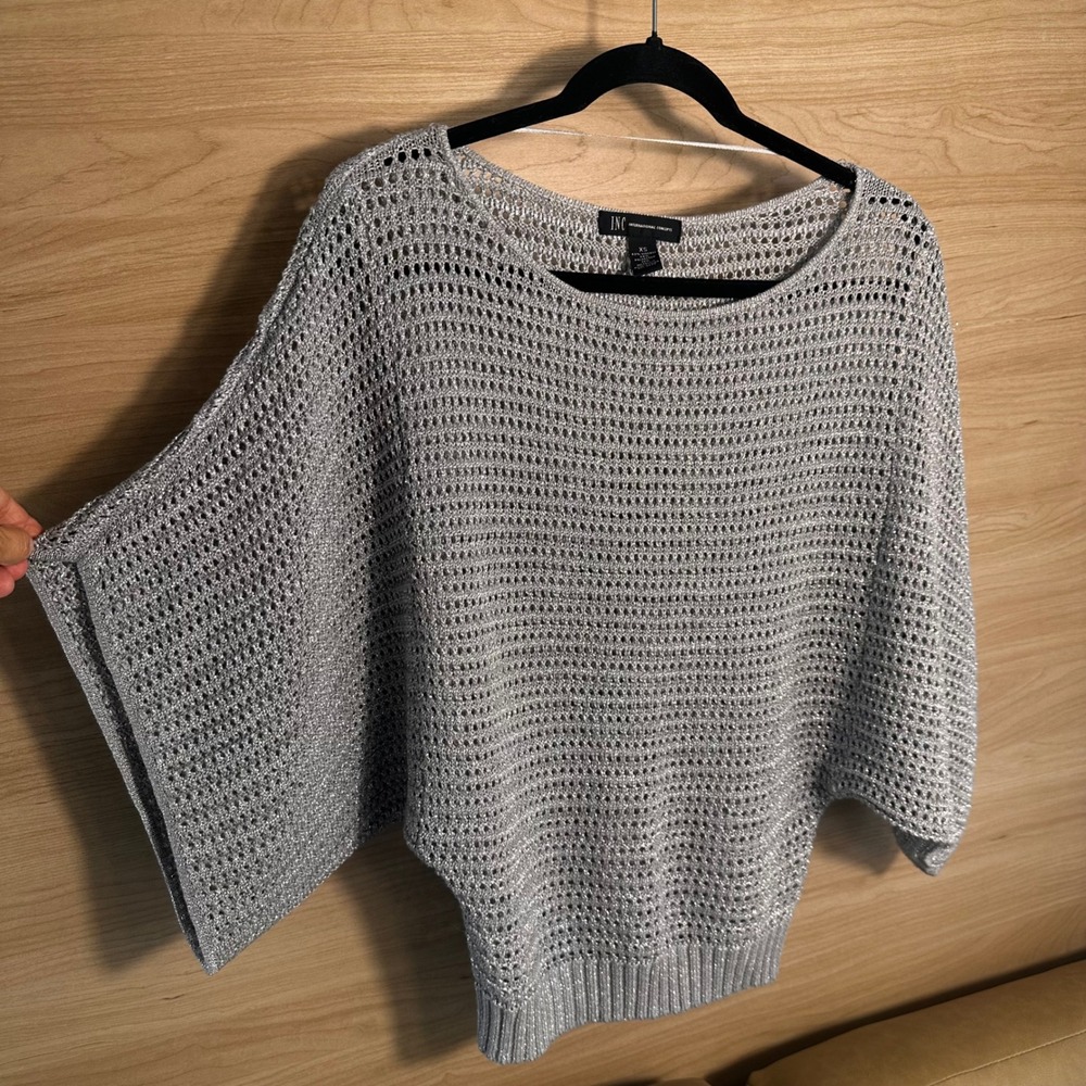 INC International Concepts Silver Metallic Batwing Crochet Knit Sweater XS